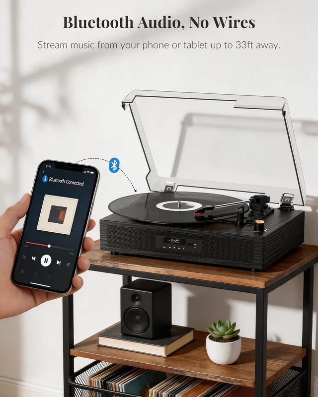 Alt view image 5 of 7 - Vinyl Record Player with Built-in Speakers, Bluetooth Turntable 3-Speed Vinyl Player for 7, 10 and 12-inch Records, with USB/TF Playback and Recording, LED Display, 5 EQ Modes and Auto Stop