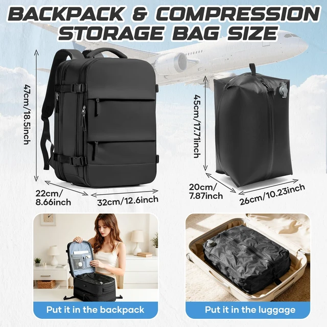 Alt view image 3 of 7 - Travel Backpack with Compression Vacuum Storage Bag & Electric Pump, Expandable Flight Approved Carry On Backpack, 18x14x8 inches Personal Item Travel Bag for Men Women, Black