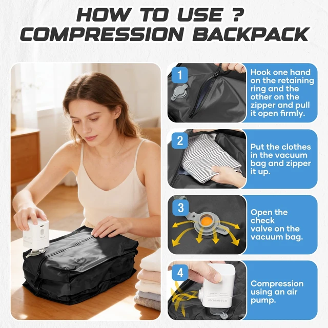 Alt view image 5 of 7 - Travel Backpack with Compression Vacuum Storage Bag & Electric Pump, Expandable Flight Approved Carry On Backpack, 18x14x8 inches Personal Item Travel Bag for Men Women, Black