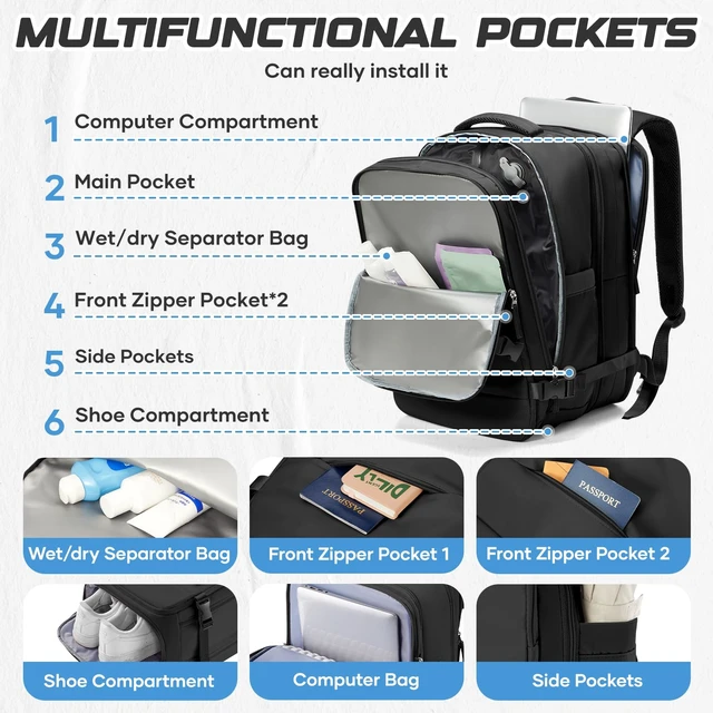 Alt view image 7 of 7 - Travel Backpack with Compression Vacuum Storage Bag & Electric Pump, Expandable Flight Approved Carry On Backpack, 18x14x8 inches Personal Item Travel Bag for Men Women, Black