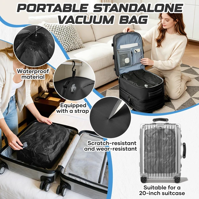 Alt view image 6 of 7 - Travel Backpack with Compression Vacuum Storage Bag & Electric Pump, Expandable Flight Approved Carry On Backpack, 18x14x8 inches Personal Item Travel Bag for Men Women, Black