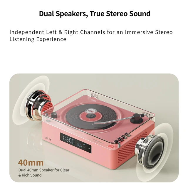 Alt view image 2 of 7 - Portable CD Player with Bluetooth, Speakers, USB &TF Card Playback Compact Retro Desktop CD Player with Clear Dust Cover, Rechargeable Battery, Type-C, Headphone Jack & Remote for Home Decor
