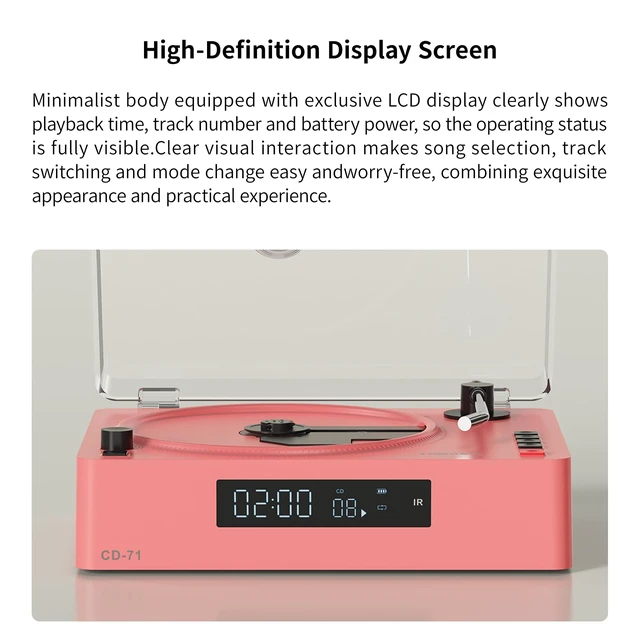 Alt view image 3 of 7 - Portable CD Player with Bluetooth, Speakers, USB &TF Card Playback Compact Retro Desktop CD Player with Clear Dust Cover, Rechargeable Battery, Type-C, Headphone Jack & Remote for Home Decor