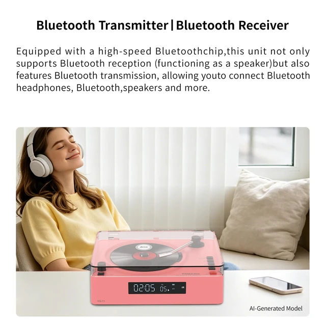 Alt view image 5 of 7 - Portable CD Player with Bluetooth, Speakers, USB &TF Card Playback Compact Retro Desktop CD Player with Clear Dust Cover, Rechargeable Battery, Type-C, Headphone Jack & Remote for Home Decor