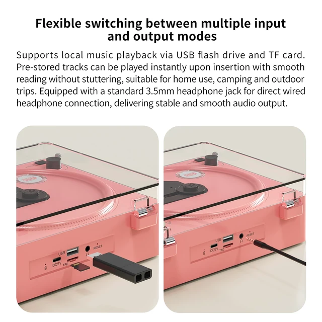 Alt view image 6 of 7 - Portable CD Player with Bluetooth, Speakers, USB &TF Card Playback Compact Retro Desktop CD Player with Clear Dust Cover, Rechargeable Battery, Type-C, Headphone Jack & Remote for Home Decor