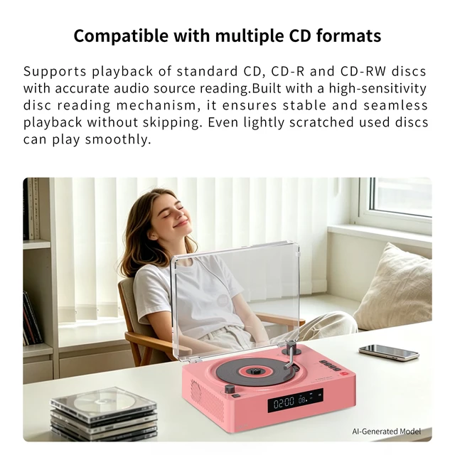 Alt view image 4 of 7 - Portable CD Player with Bluetooth, Speakers, USB &TF Card Playback Compact Retro Desktop CD Player with Clear Dust Cover, Rechargeable Battery, Type-C, Headphone Jack & Remote for Home Decor