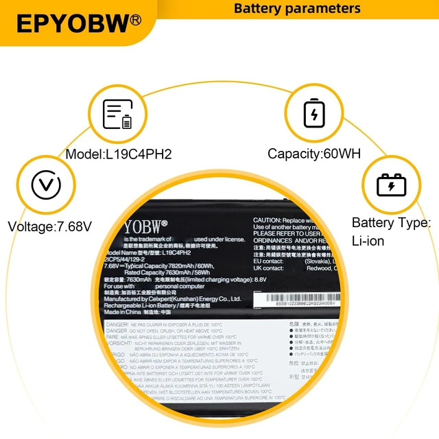 Alt view image 3 of 6 - L19C4PH2 Laptop Battery 60Wh L19M4PH2 Compatible with Lenovo Ideapad Yoga 9-14ITL5 82BG Series 5B10Z33895 SB10Z33898 5B10Z33896