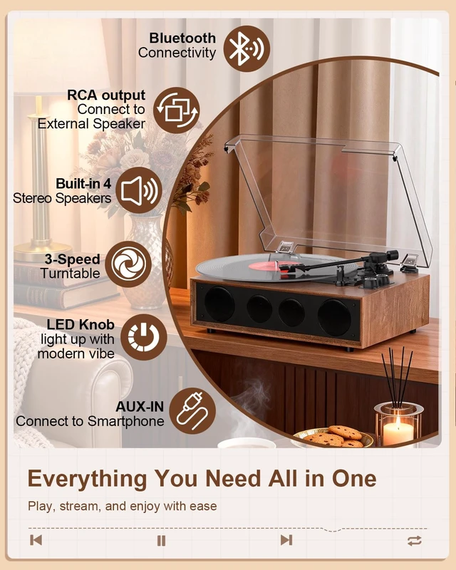 Alt view image 2 of 7 - Vinyl Record Player Bluetooth Turntable with LED Light Knobs Walnut Wood 4 Built-in Speakers, belt-drive playback, RCA/AUX, 3-Speed Belt-Driven, adjustable tracking force for everyday listening