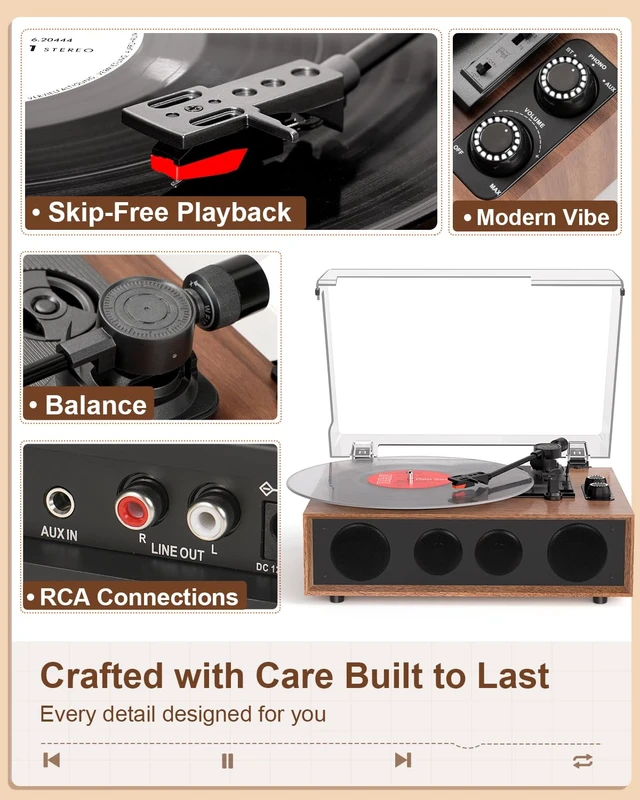 Alt view image 4 of 7 - Vinyl Record Player Bluetooth Turntable with LED Light Knobs Walnut Wood 4 Built-in Speakers, belt-drive playback, RCA/AUX, 3-Speed Belt-Driven, adjustable tracking force for everyday listening