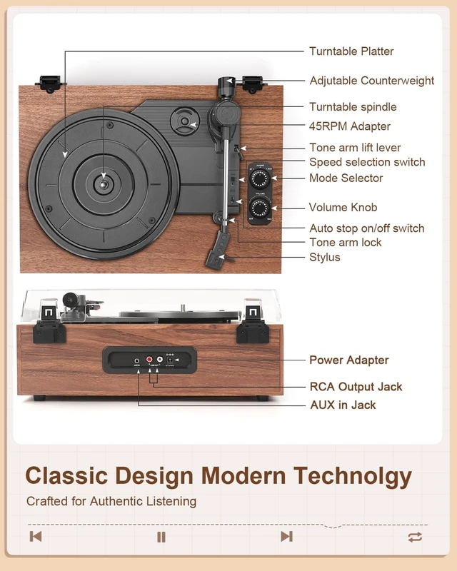 Alt view image 5 of 7 - Vinyl Record Player Bluetooth Turntable with LED Light Knobs Walnut Wood 4 Built-in Speakers, belt-drive playback, RCA/AUX, 3-Speed Belt-Driven, adjustable tracking force for everyday listening