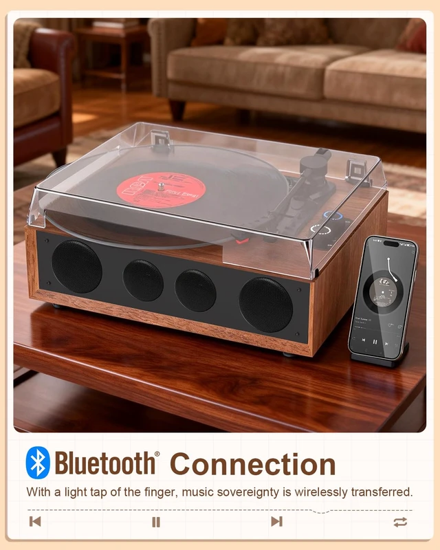 Alt view image 6 of 7 - Vinyl Record Player Bluetooth Turntable with LED Light Knobs Walnut Wood 4 Built-in Speakers, belt-drive playback, RCA/AUX, 3-Speed Belt-Driven, adjustable tracking force for everyday listening