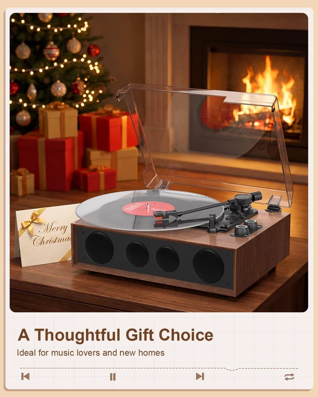 Alt view image 7 of 7 - Vinyl Record Player Bluetooth Turntable with LED Light Knobs Walnut Wood 4 Built-in Speakers, belt-drive playback, RCA/AUX, 3-Speed Belt-Driven, adjustable tracking force for everyday listening