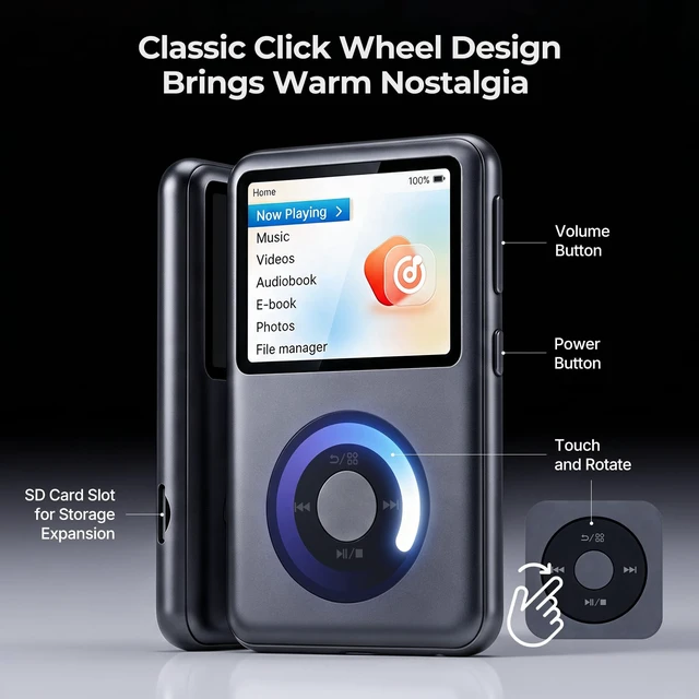 Alt view image 2 of 7 - 64GB Mp3 Player with Bluetooth, Lossless DSD DAC FLAC Support, Y2 Classic Dedicated Music Player with Playlists and FM Radio, Nostalgia Design, Supports up to 2TB Black