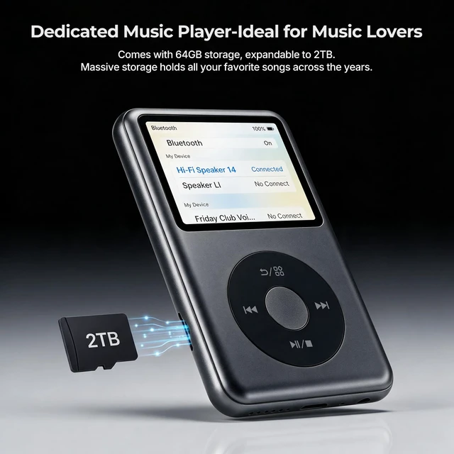 Alt view image 6 of 7 - 64GB Mp3 Player with Bluetooth, Lossless DSD DAC FLAC Support, Y2 Classic Dedicated Music Player with Playlists and FM Radio, Nostalgia Design, Supports up to 2TB Black