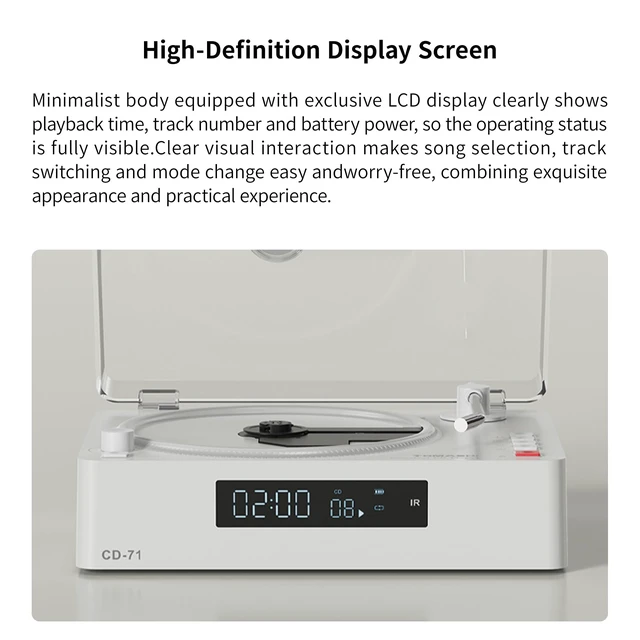 Alt view image 2 of 7 - Portable CD Player with Bluetooth, Speakers, USB &TF Card Playback Compact Retro Desktop CD Player with Clear Dust Cover, Rechargeable Battery, Type-C, Headphone Jack & Remote for Home Decor