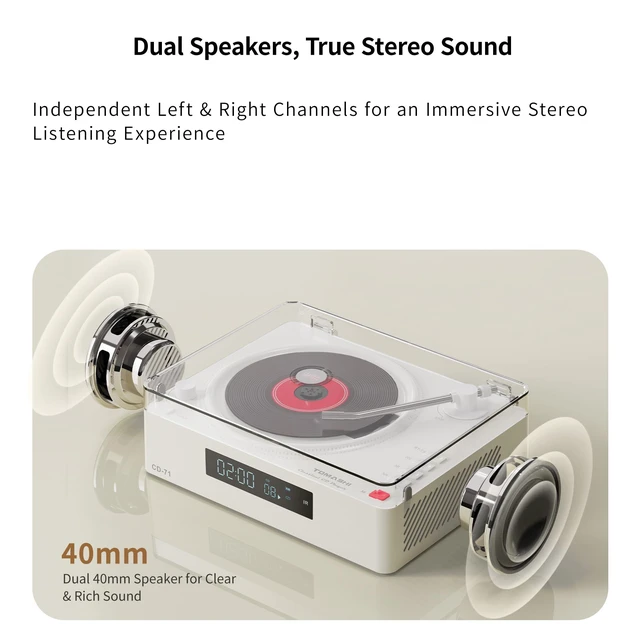 Alt view image 3 of 7 - Portable CD Player with Bluetooth, Speakers, USB &TF Card Playback Compact Retro Desktop CD Player with Clear Dust Cover, Rechargeable Battery, Type-C, Headphone Jack & Remote for Home Decor