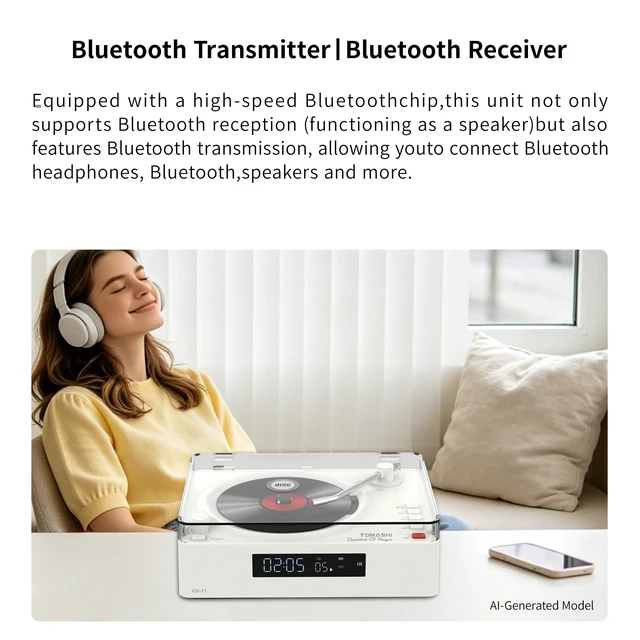 Alt view image 4 of 7 - Portable CD Player with Bluetooth, Speakers, USB &TF Card Playback Compact Retro Desktop CD Player with Clear Dust Cover, Rechargeable Battery, Type-C, Headphone Jack & Remote for Home Decor