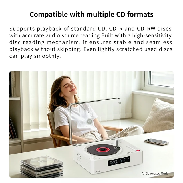 Alt view image 5 of 7 - Portable CD Player with Bluetooth, Speakers, USB &TF Card Playback Compact Retro Desktop CD Player with Clear Dust Cover, Rechargeable Battery, Type-C, Headphone Jack & Remote for Home Decor