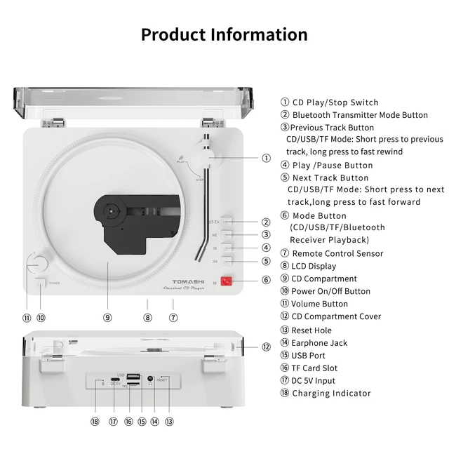 Alt view image 7 of 7 - Portable CD Player with Bluetooth, Speakers, USB &TF Card Playback Compact Retro Desktop CD Player with Clear Dust Cover, Rechargeable Battery, Type-C, Headphone Jack & Remote for Home Decor