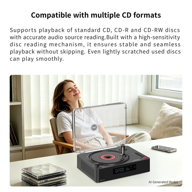 Alt view image 3 of 7 - Portable CD Player with Bluetooth, Speakers, USB &TF Card Playback Compact Retro Desktop CD Player with Clear Dust Cover, Rechargeable Battery, Type-C, Headphone Jack & Remote for Home Decor