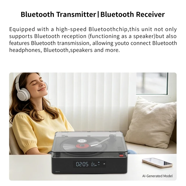 Alt view image 4 of 7 - Portable CD Player with Bluetooth, Speakers, USB &TF Card Playback Compact Retro Desktop CD Player with Clear Dust Cover, Rechargeable Battery, Type-C, Headphone Jack & Remote for Home Decor