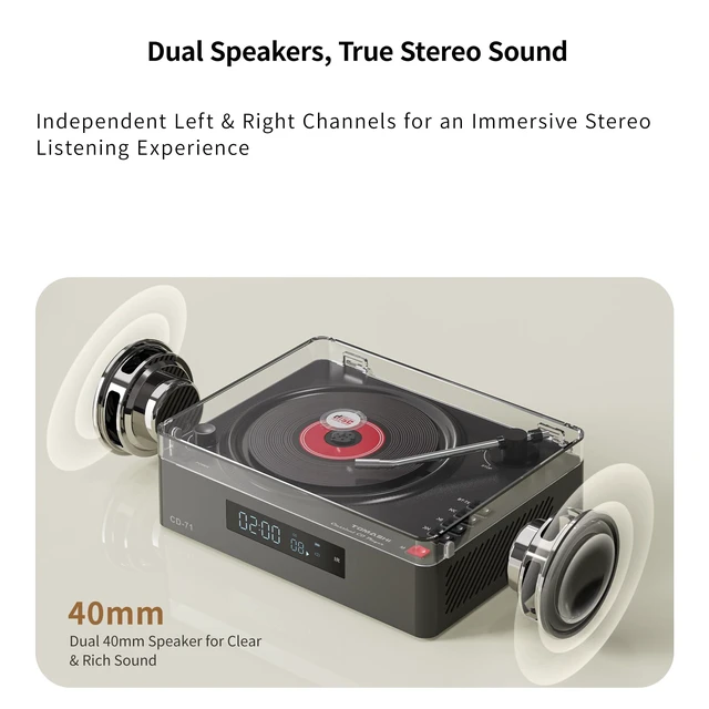 Alt view image 6 of 7 - Portable CD Player with Bluetooth, Speakers, USB &TF Card Playback Compact Retro Desktop CD Player with Clear Dust Cover, Rechargeable Battery, Type-C, Headphone Jack & Remote for Home Decor