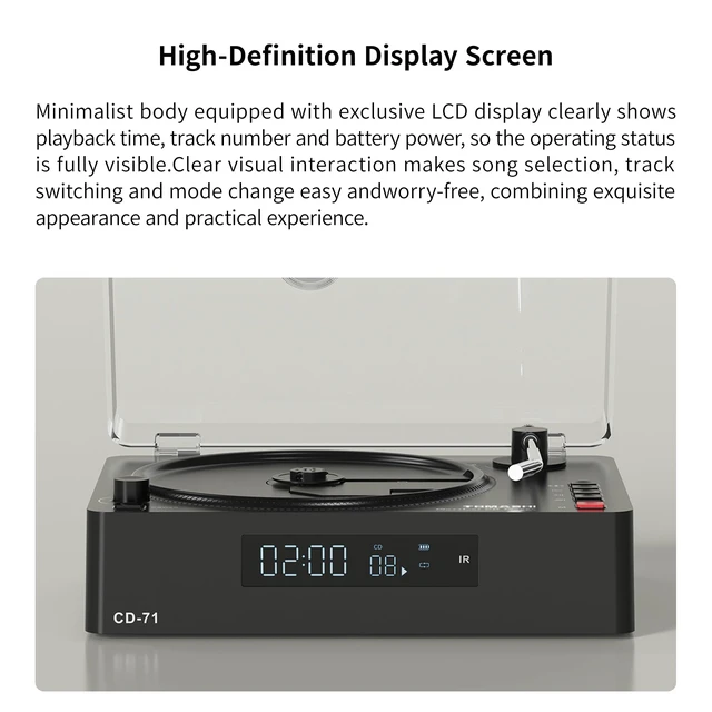 Alt view image 7 of 7 - Portable CD Player with Bluetooth, Speakers, USB &TF Card Playback Compact Retro Desktop CD Player with Clear Dust Cover, Rechargeable Battery, Type-C, Headphone Jack & Remote for Home Decor