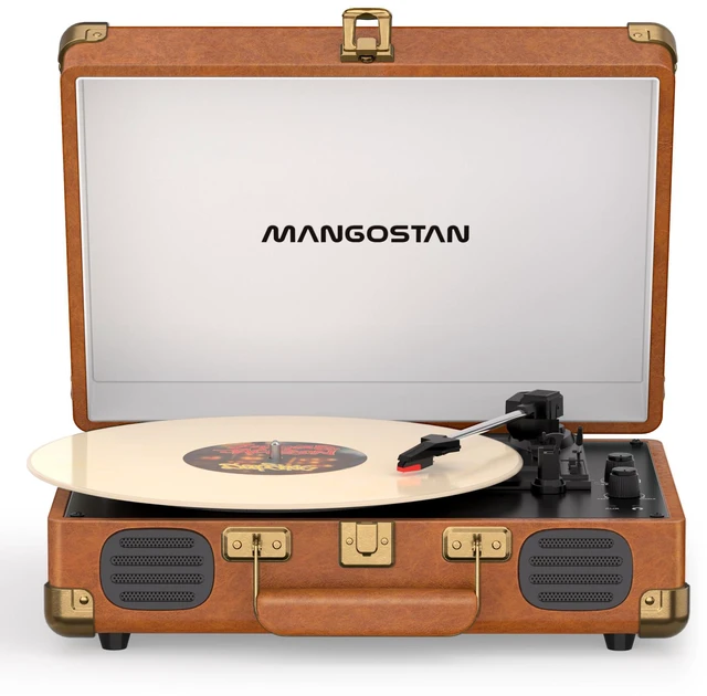 Main image of Brown Bluetooth Suitcase Record Player, 3-Speed Turntable Classic brown suitcase design with Bluetooth, 3-speed vinyl playback, stereo speakers, RCA output and headphone jack