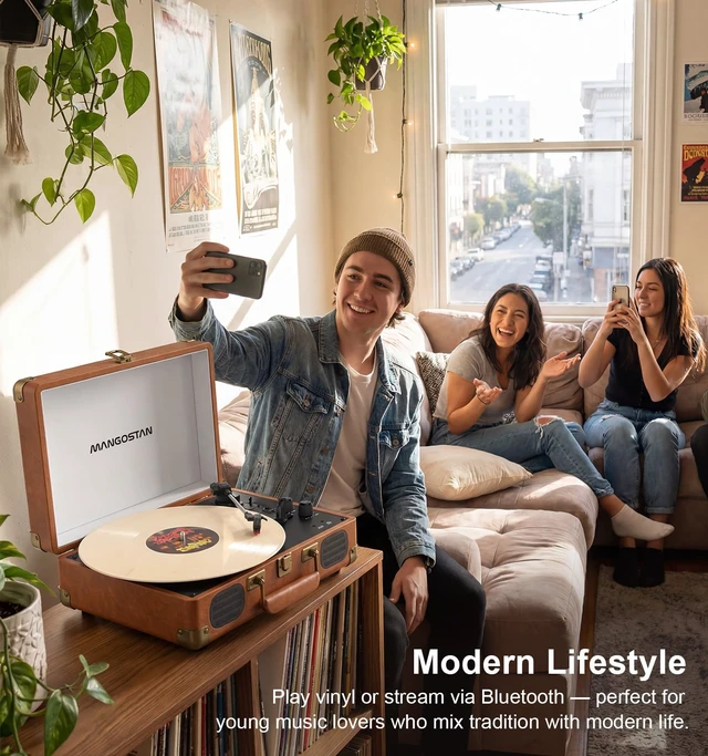 Alt view image 2 of 7 - Brown Bluetooth Suitcase Record Player, 3-Speed Turntable Classic brown suitcase design with Bluetooth, 3-speed vinyl playback, stereo speakers, RCA output and headphone jack