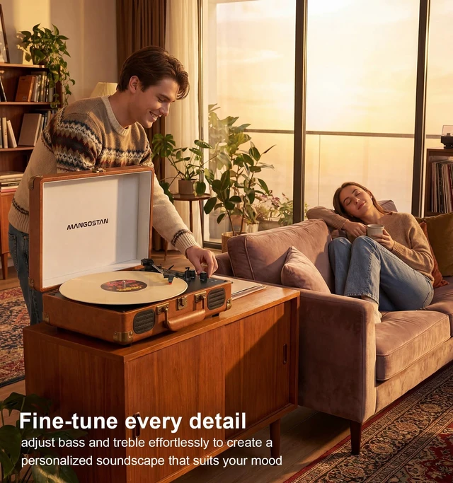 Alt view image 3 of 7 - Brown Bluetooth Suitcase Record Player, 3-Speed Turntable Classic brown suitcase design with Bluetooth, 3-speed vinyl playback, stereo speakers, RCA output and headphone jack