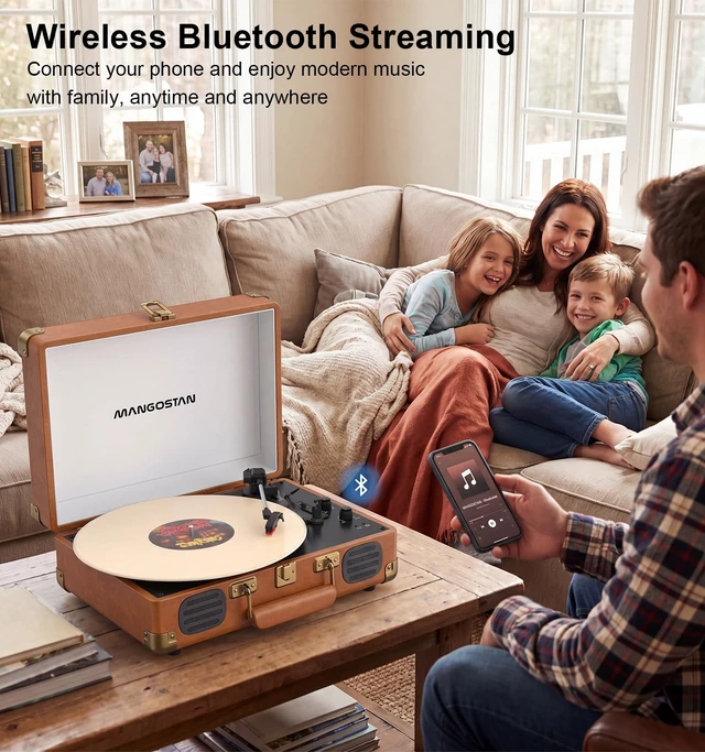Alt view image 5 of 7 - Brown Bluetooth Suitcase Record Player, 3-Speed Turntable Classic brown suitcase design with Bluetooth, 3-speed vinyl playback, stereo speakers, RCA output and headphone jack