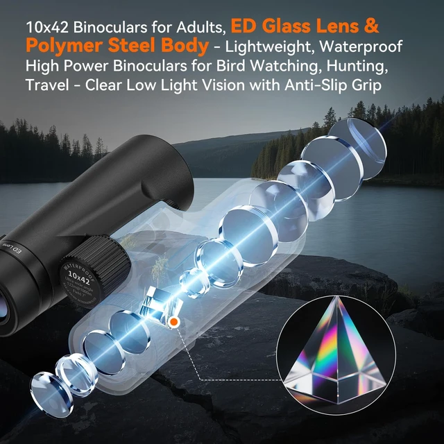 Alt view image 3 of 7 - 10x42 Binoculars, ED Glass Binoculars for Adults High Powered Waterproof, Fogproof Compact Binoculars for Bird Watching, Hiking, Wildlife Viewing, and Outdoor Activities, Glasses-friendly