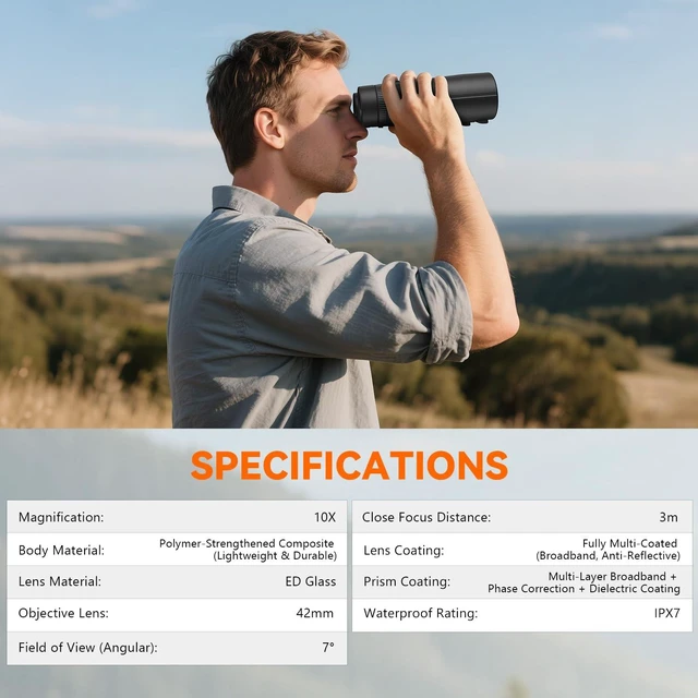 Alt view image 7 of 7 - 10x42 Binoculars, ED Glass Binoculars for Adults High Powered Waterproof, Fogproof Compact Binoculars for Bird Watching, Hiking, Wildlife Viewing, and Outdoor Activities, Glasses-friendly