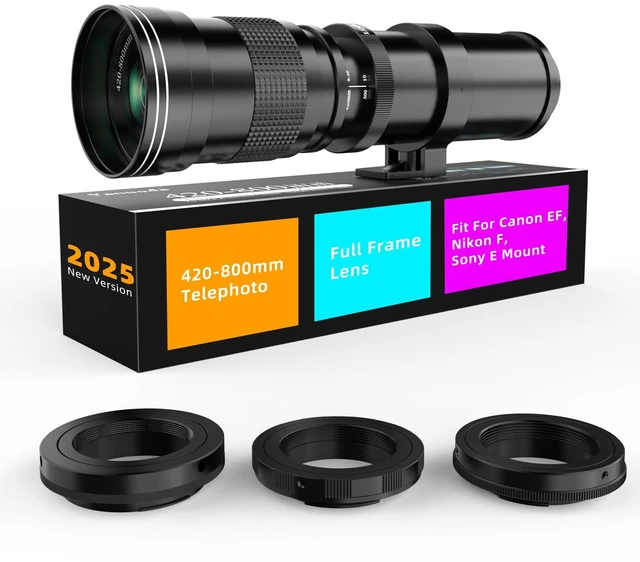 Main image of 420-800mm f/8.3 Manual Zoom Lens, Moon/Wildlife Manual Focus only, 3 T-mount Adapter, f/8.316, Bright Daylight + Sturdy Tripod Required, No AF/IS/Electronics