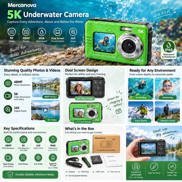 Alt view image 2 of 7 - Mercanova 5K Underwater Camera, Waterproof, 48MP, Dual Screen, Green IP68 11.5FT waterproof rating with 16X digital zoom and autofocus; ideal rugged outdoor and snorkeling camera