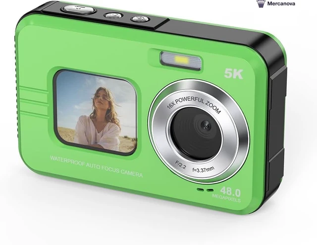 Alt view image 7 of 7 - Mercanova 5K Underwater Camera, Waterproof, 48MP, Dual Screen, Green IP68 11.5FT waterproof rating with 16X digital zoom and autofocus; ideal rugged outdoor and snorkeling camera