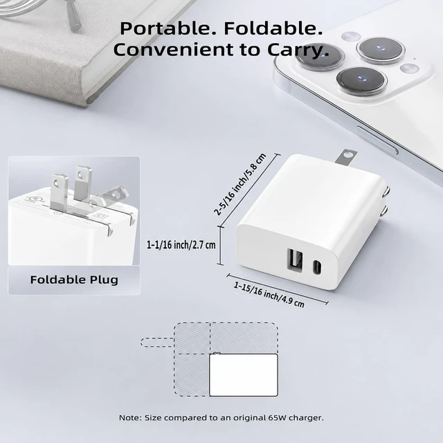 Alt view image 2 of 7 - 65W USB-C Charger Block Dual Port Fast Wall Adapter Foldable Plug White