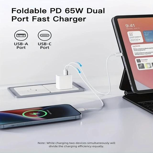 Alt view image 6 of 7 - 65W USB-C Charger Block Dual Port Fast Wall Adapter Foldable Plug White