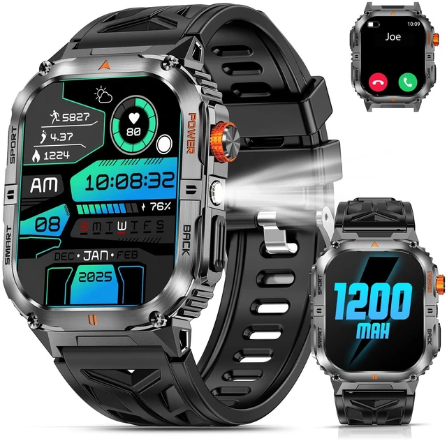 Main image of Military Smart Watch for Men (Flashlight & 1200mAh Battery), 2.0" Smartwatch with Bluetooth Calling/Heart Rate/Sleep/100+ Sport Modes, IP68 Waterproof Fitness Tracker for Android & iPhone, Black
