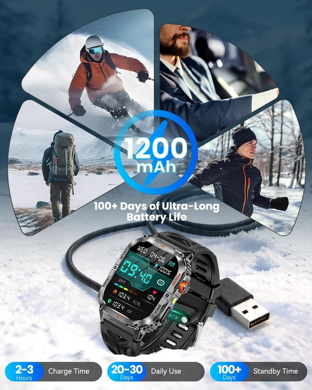 Alt view image 2 of 7 - Military Smart Watch for Men (Flashlight & 1200mAh Battery), 2.0" Smartwatch with Bluetooth Calling/Heart Rate/Sleep/100+ Sport Modes, IP68 Waterproof Fitness Tracker for Android & iPhone, Black