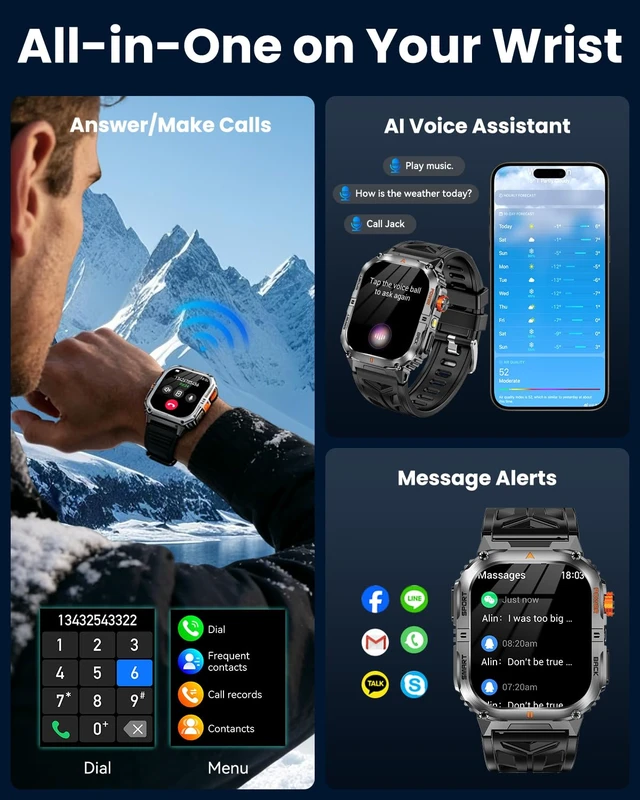 Alt view image 4 of 7 - Military Smart Watch for Men (Flashlight & 1200mAh Battery), 2.0" Smartwatch with Bluetooth Calling/Heart Rate/Sleep/100+ Sport Modes, IP68 Waterproof Fitness Tracker for Android & iPhone, Black