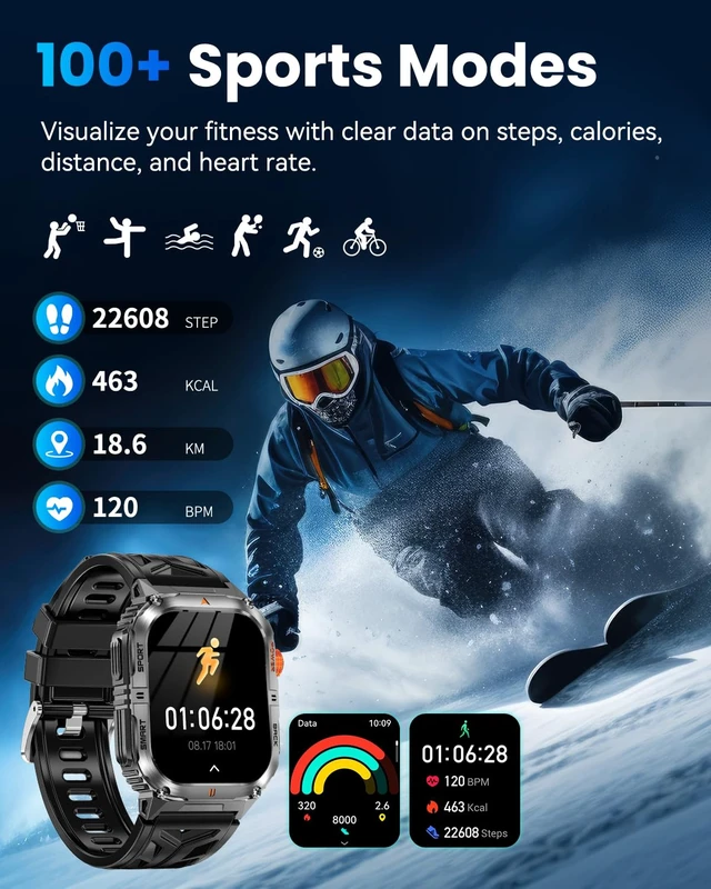 Alt view image 5 of 7 - Military Smart Watch for Men (Flashlight & 1200mAh Battery), 2.0" Smartwatch with Bluetooth Calling/Heart Rate/Sleep/100+ Sport Modes, IP68 Waterproof Fitness Tracker for Android & iPhone, Black
