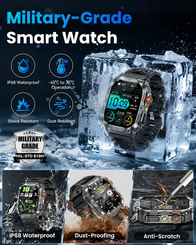 Alt view image 3 of 7 - Military Smart Watch for Men (Flashlight & 1200mAh Battery), 2.0" Smartwatch with Bluetooth Calling/Heart Rate/Sleep/100+ Sport Modes, IP68 Waterproof Fitness Tracker for Android & iPhone, Black