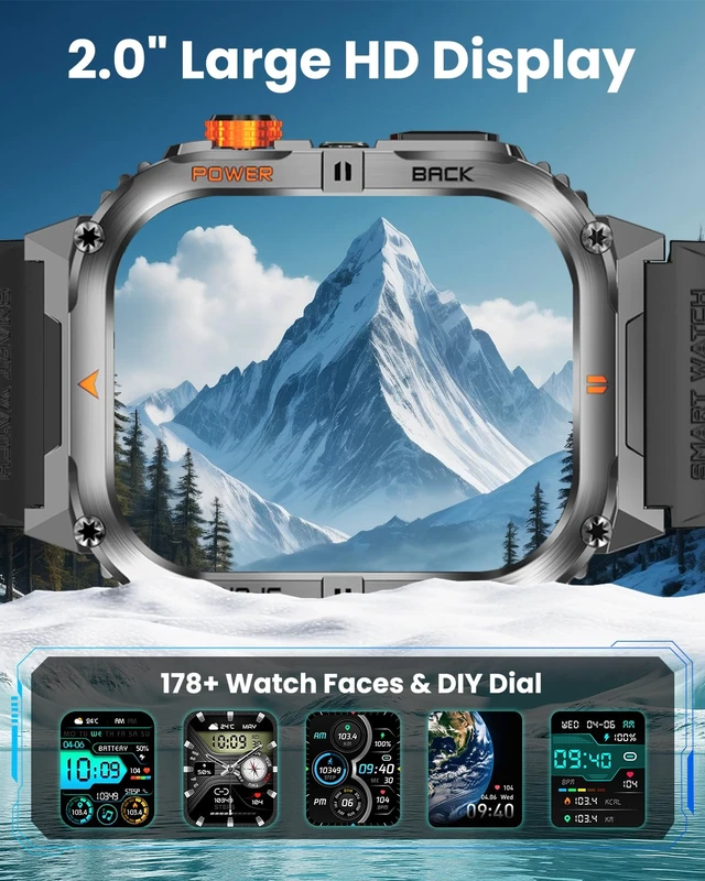 Alt view image 6 of 7 - Military Smart Watch for Men (Flashlight & 1200mAh Battery), 2.0" Smartwatch with Bluetooth Calling/Heart Rate/Sleep/100+ Sport Modes, IP68 Waterproof Fitness Tracker for Android & iPhone, Black
