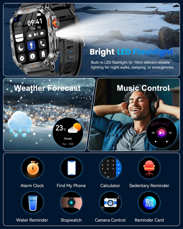 Alt view image 7 of 7 - Military Smart Watch for Men (Flashlight & 1200mAh Battery), 2.0" Smartwatch with Bluetooth Calling/Heart Rate/Sleep/100+ Sport Modes, IP68 Waterproof Fitness Tracker for Android & iPhone, Black