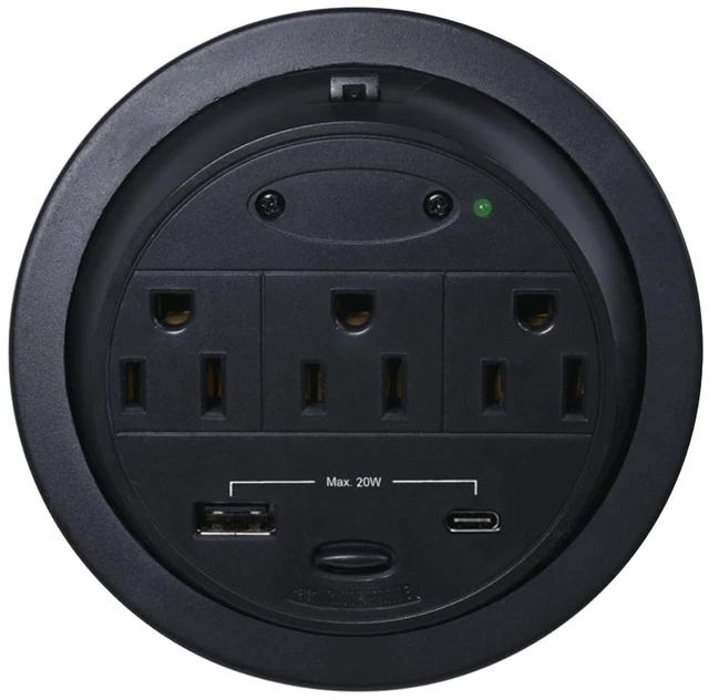 Main image of Recessed Power Grommet Desk Outlet, 3 AC Outlets,1 USB-A, 1 USB-C, 8 Ft Power Cord, Flush Mount Fast Charging Station, for Office, Hotels Black