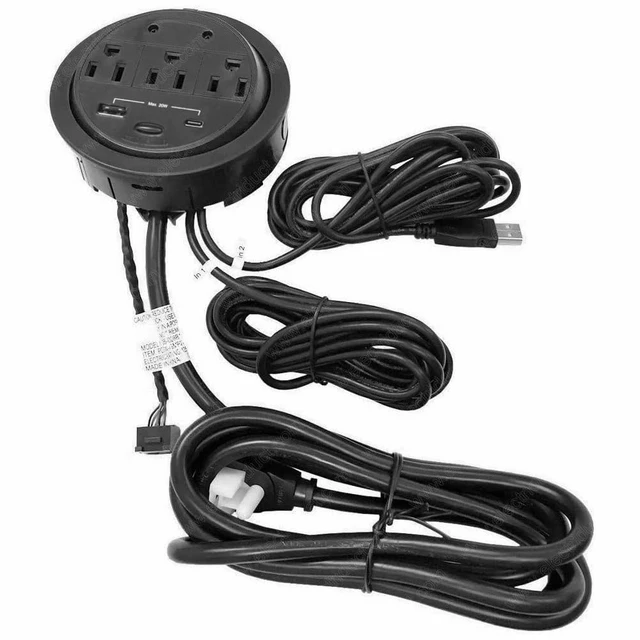 Alt view image 4 of 6 - Recessed Power Grommet Desk Outlet, 3 AC Outlets,1 USB-A, 1 USB-C, 8 Ft Power Cord, Flush Mount Fast Charging Station, for Office, Hotels Black