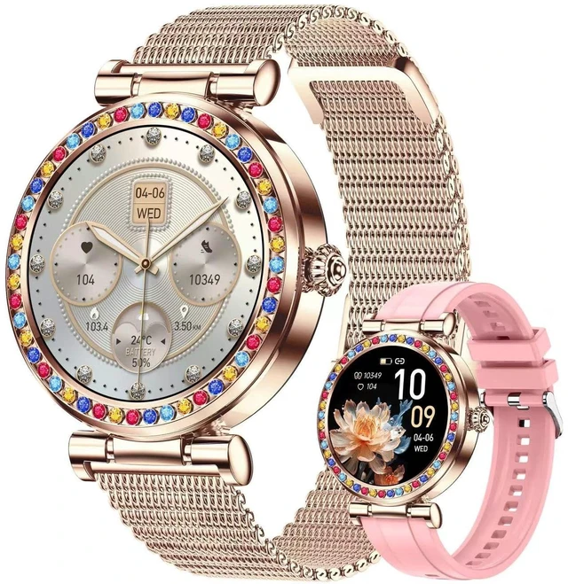 Main image of Smart Watch for Women(Answer/Make Calls), 5ATM Waterproof Fitness Watch Fitness Watch with Heart Rate/SpO2/Blood Pressure, Bluetooth Smartwatch for Android iPhone, with 2 Watch Bands (Gold)