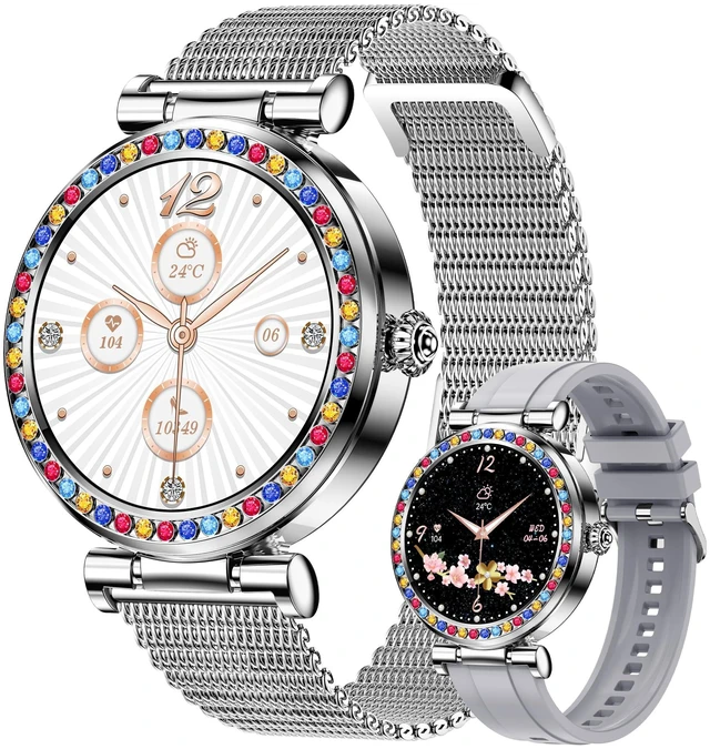 Main image of Smart Watch for Women(Answer/Make Calls), 5ATM Waterproof Fitness Watch Fitness Watch with Heart Rate/SpO2/Blood Pressure, Bluetooth Smartwatch for Android iPhone, with 2 Watch Bands (Silver)