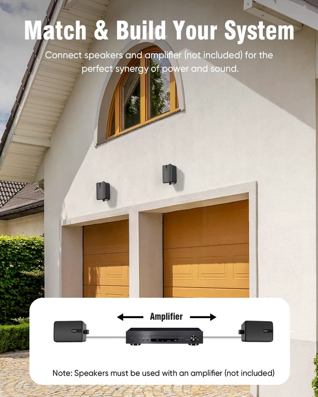 Alt view image 2 of 7 - 3" Outdoor Passive Speakers, 25W Each Weatherproof Wall Mount Speaker, Wired PA System with Full-Range Sound, Includes Brackets for Pool, Patio, Garage & Indoor Use (Pair, Black)